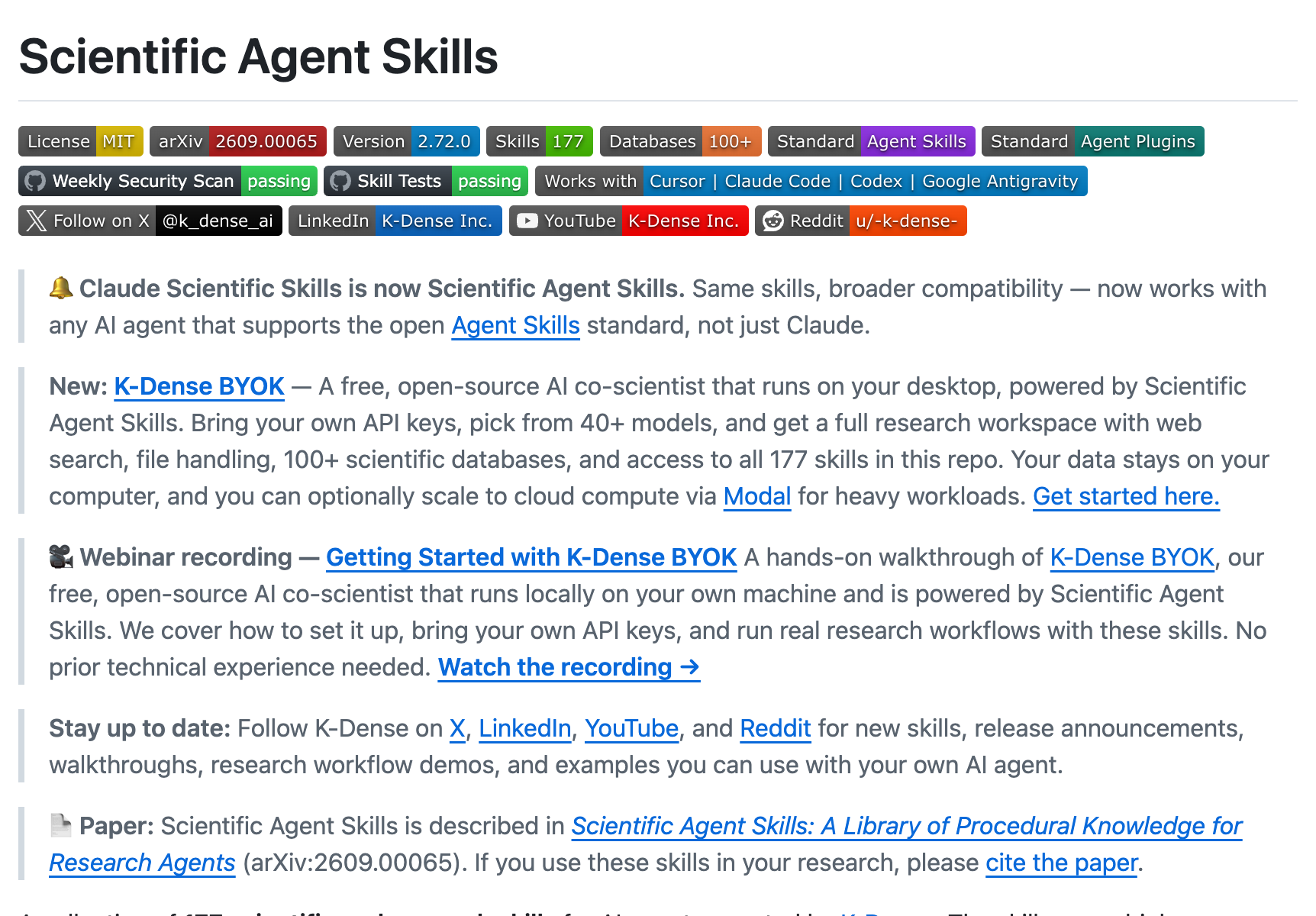 K-Dense-AI/scientific-agent-skills GitHub repository showing 51K stars — Turn any AI agent into an AI Scientist, 177 validated skills