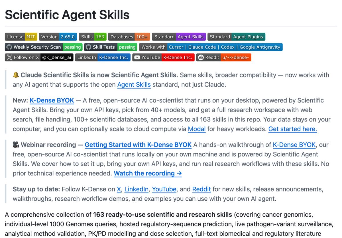 GitHub repo: scientific-agent-skills — 37,725 stars, #1 Agent Skills library for science