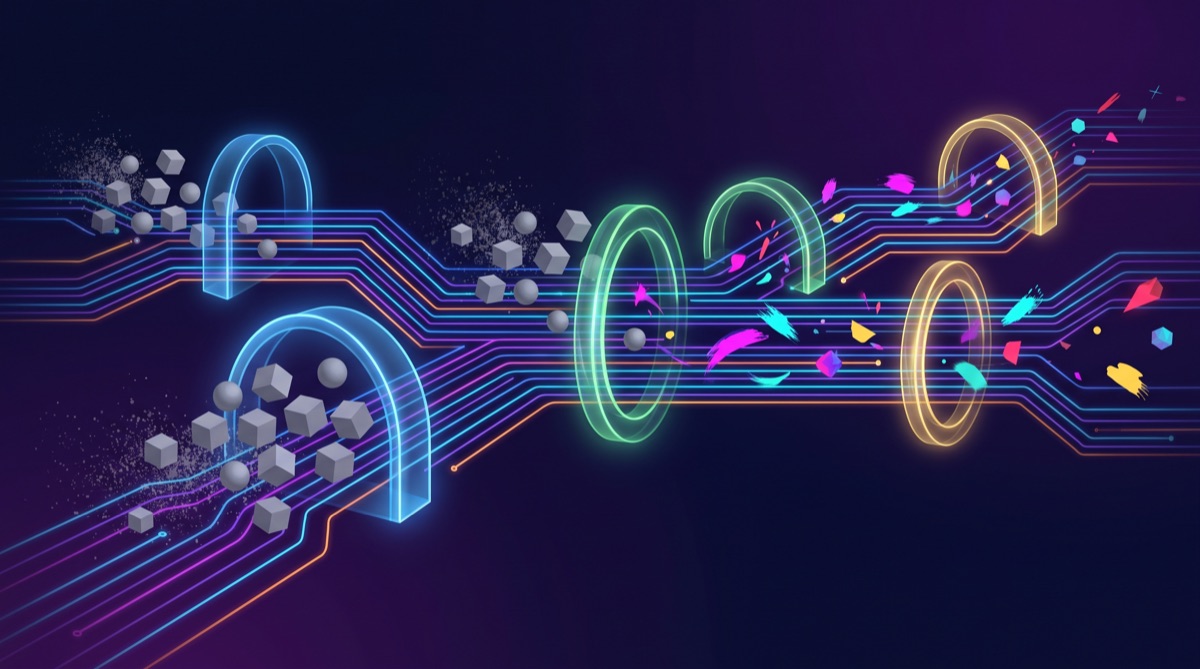 Quality gates filtering AI-generated code, passing only distinctive design elements through a pipeline of deterministic checks