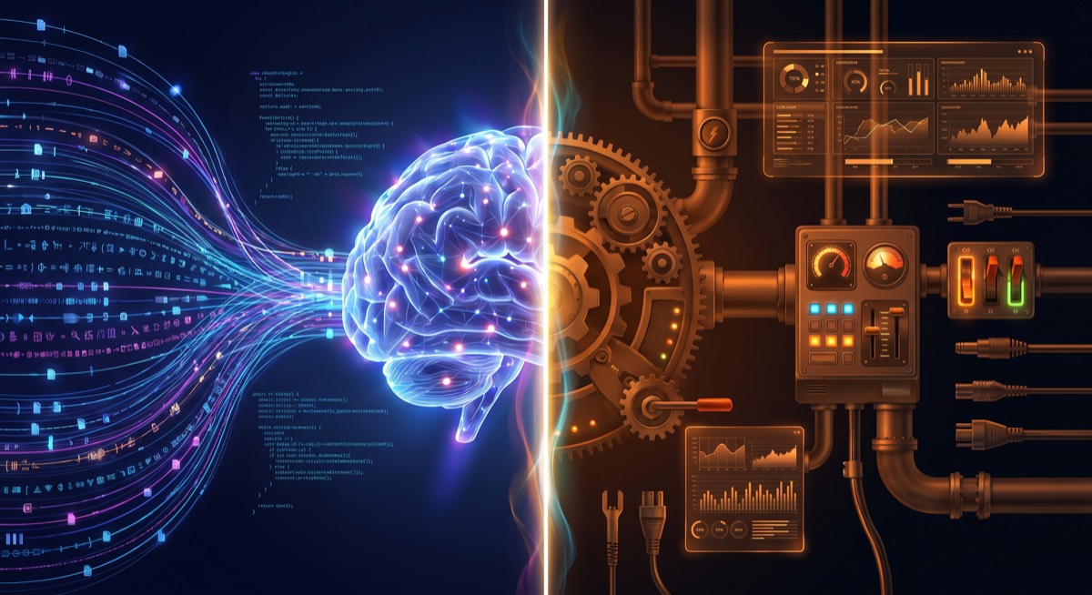 Split-screen illustration showing a glowing AI model brain self-organizing context data on the left, and infrastructure control panel with safety switches and observability dashboards on the right