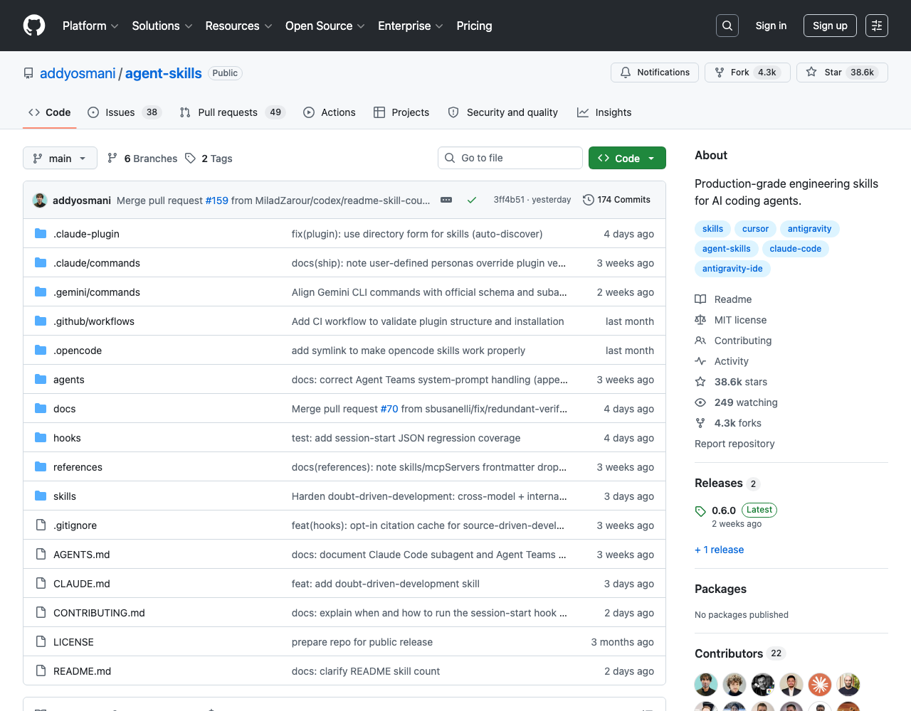GitHub addyosmani/agent-skills repository — Production-grade engineering skills for AI coding agents, 37.1k stars trending plus 1092 per day