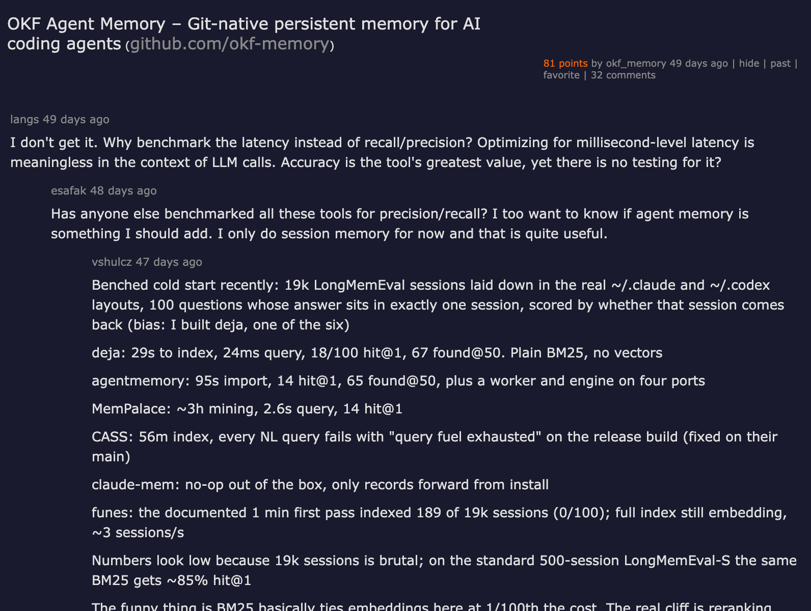 Hacker News thread on OKF Agent Memory — git-native persistent memory for AI coding agents, 81 points