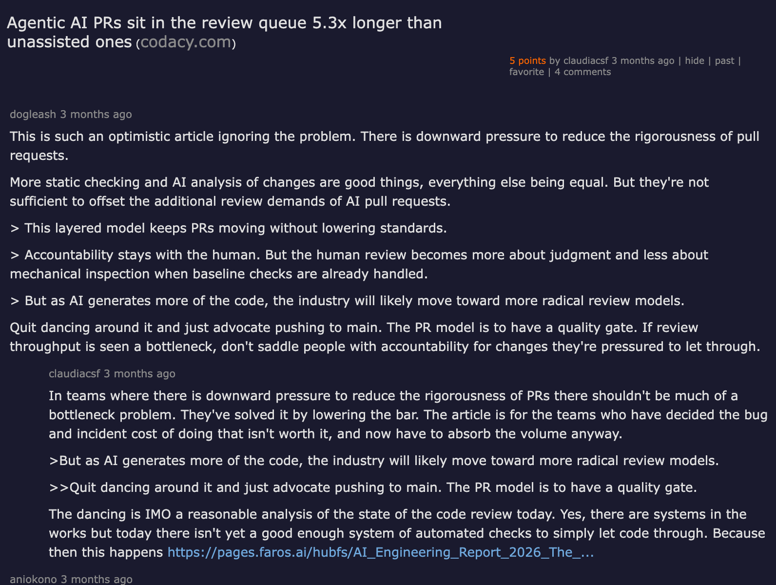 Hacker News discussion — Agentic AI PRs sit in the review queue 5.3x longer than unassisted ones