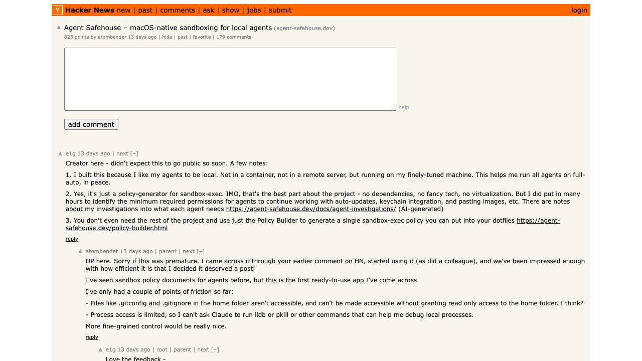 HN discussion: Agent Safehouse — macOS-native sandboxing for local agents