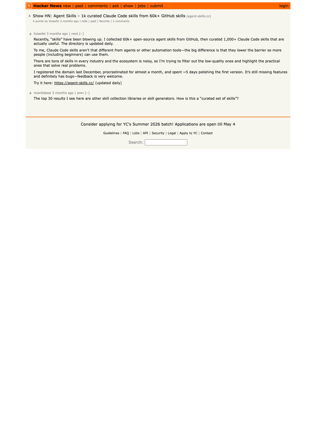 HN Show HN — 'Agent Skills – 1k curated Claude Code skills from 60k+ GitHub skills' — the Skills-as-runtime pattern that lets PageIndex slot into existing harnesses without a rewrite