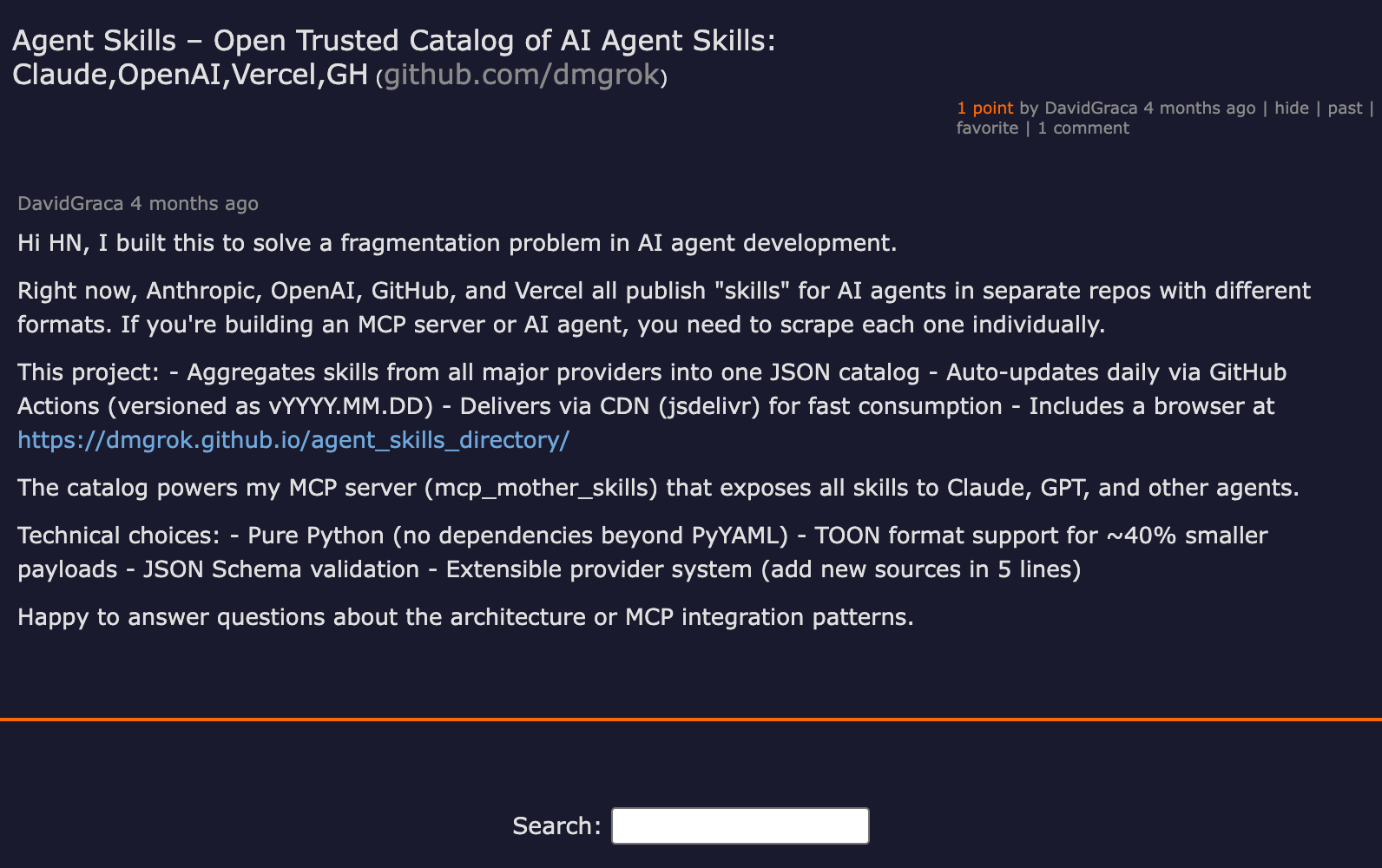 Hacker News thread on the open trusted catalog aggregating Agent Skills across Claude, OpenAI, Vercel, and GitHub — community discussion of cross-vendor skill portability and the implications of an open standard for skill packs