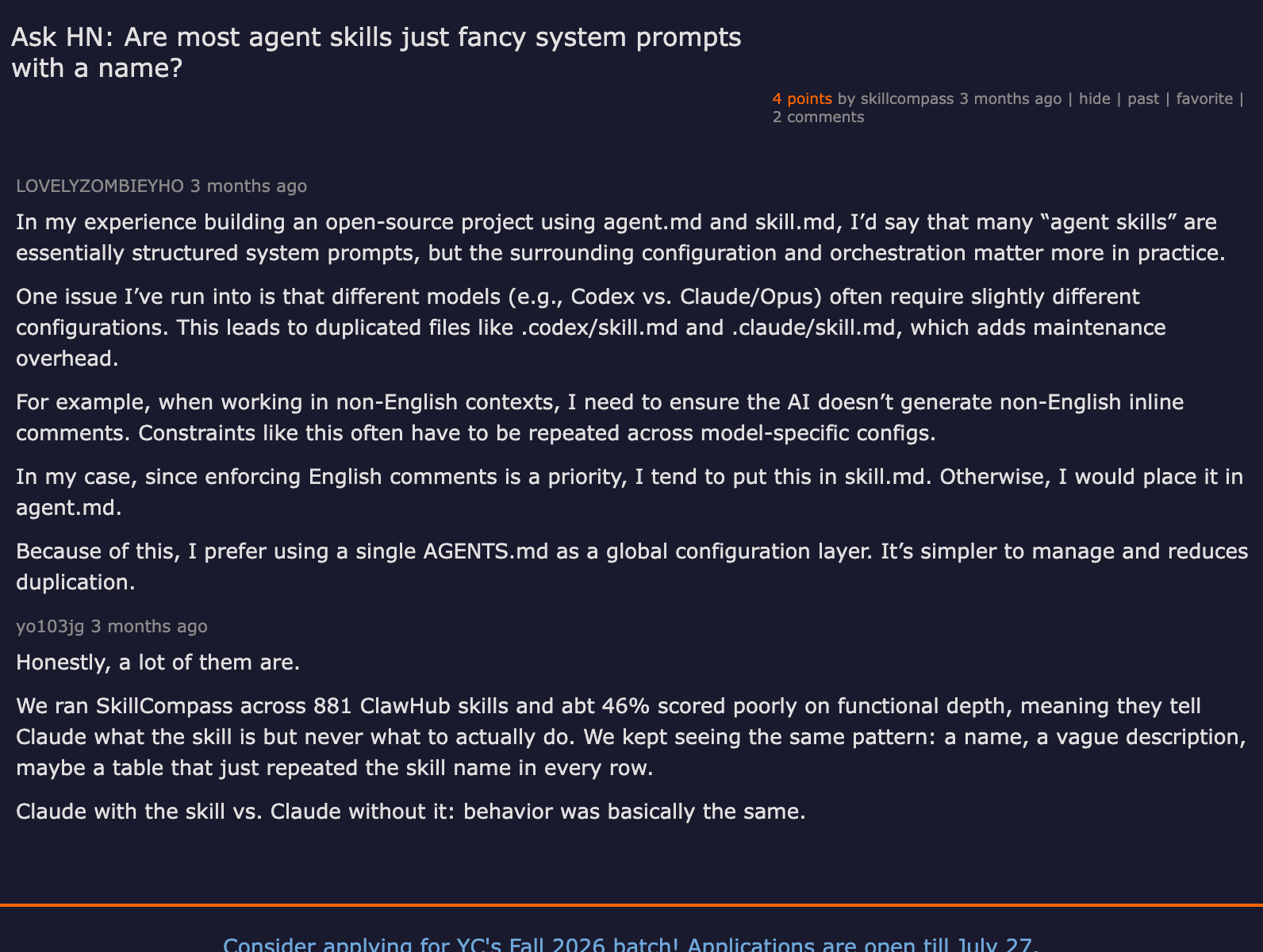 Hacker News discussion — Ask HN: Are most agent skills just fancy system prompts with a name?