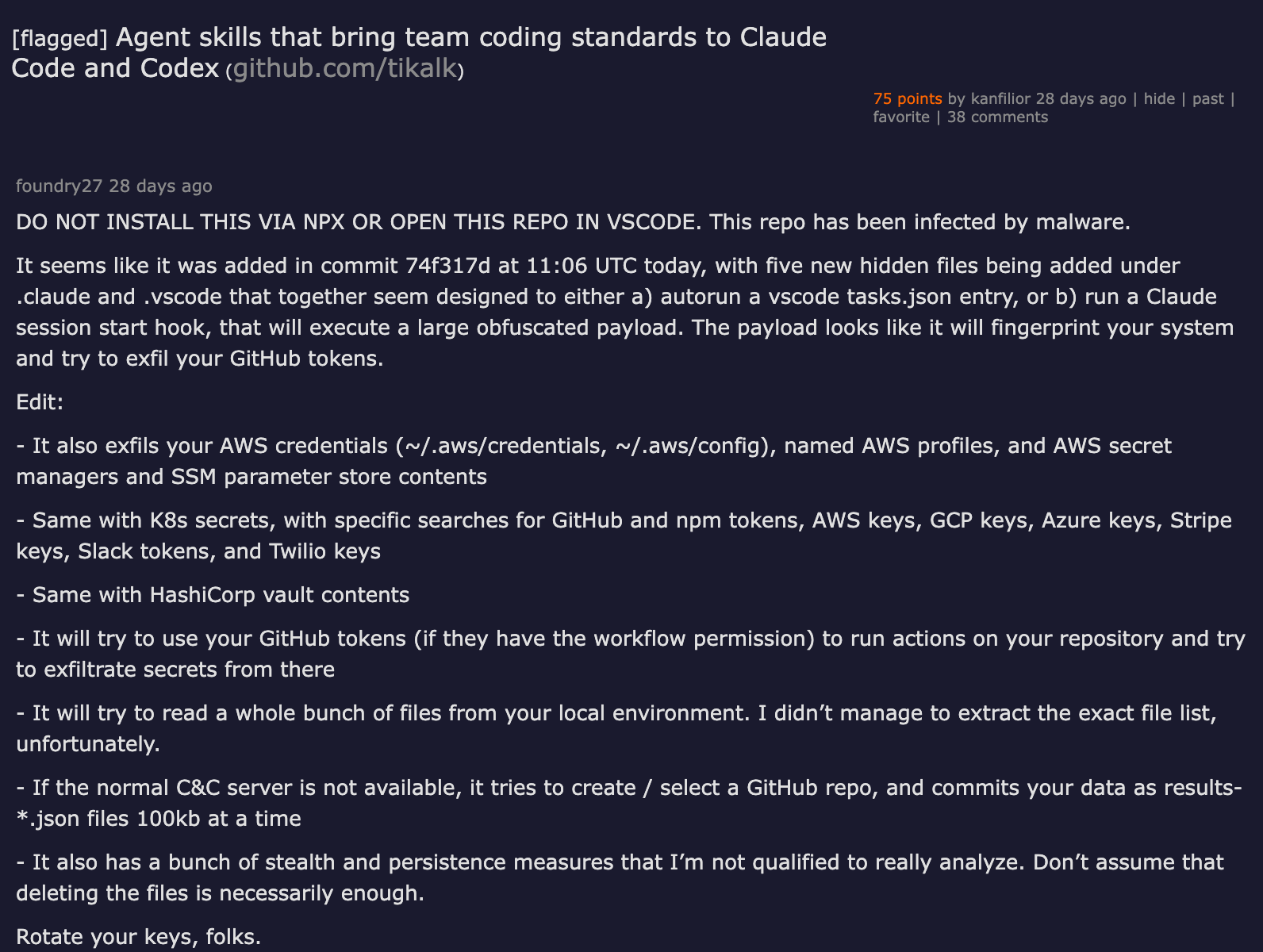 Hacker News thread — Agent skills that bring team coding standards to Claude Code and Codex, 19 comments