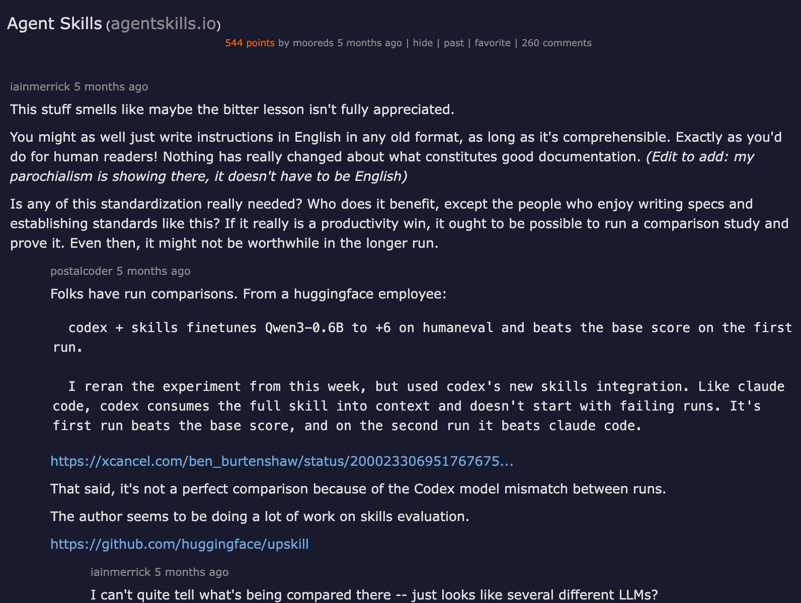 Hacker News discussion on Agent Skills — 544 points, 260 comments debating standardization, context windows, and skill quality