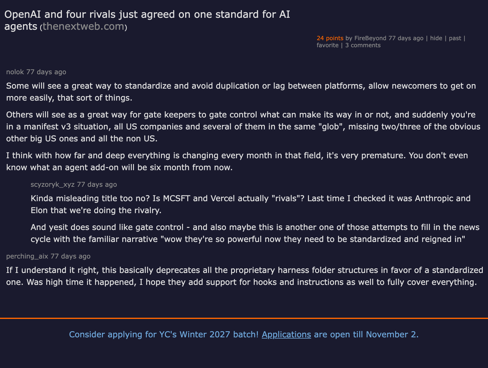 Hacker News thread on OpenAI and four rivals agreeing on one standard for AI agents, 24 points and 3 comments