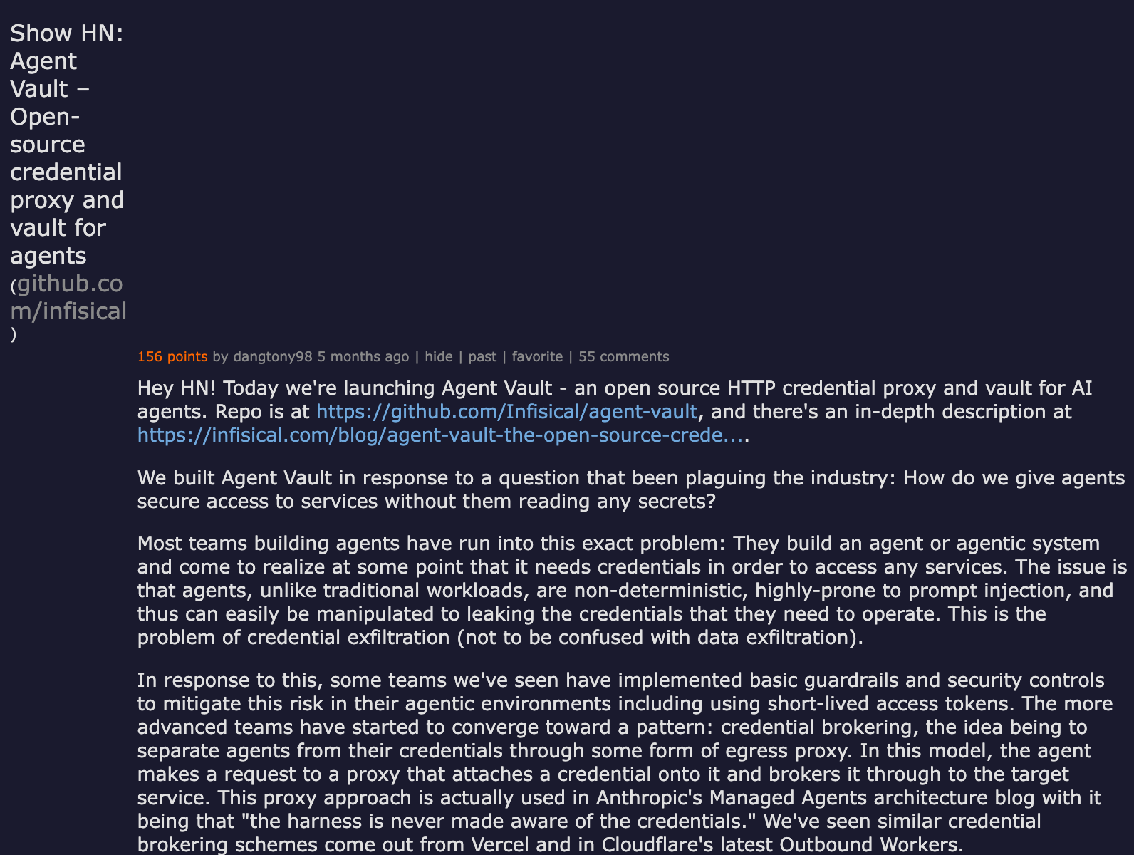Hacker News thread — Show HN: Agent Vault — Open-source credential proxy and vault for agents, with 55 comments discussing agent credential security