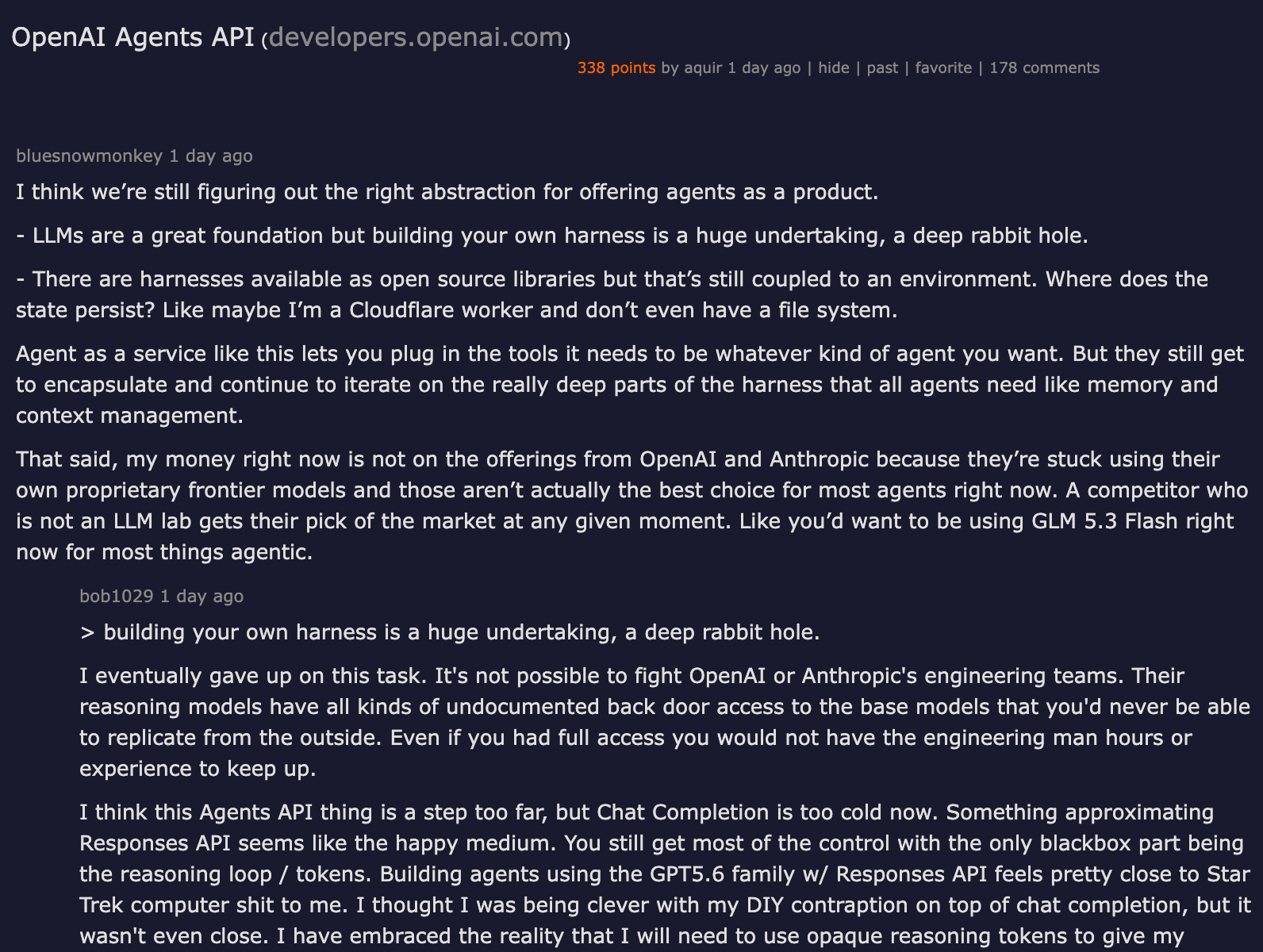 Hacker News discussion on OpenAI Agents API — 338 points, 178 comments debating build vs buy for agent infrastructure