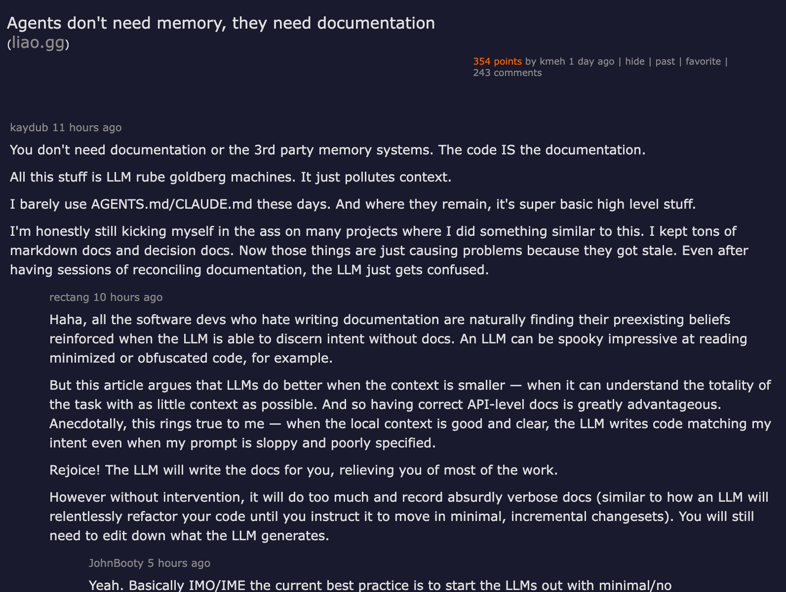 Hacker News discussion — Agents don't need memory, they need documentation, 297 points, 173 comments, with top comments debating whether code itself is the best documentation for agents