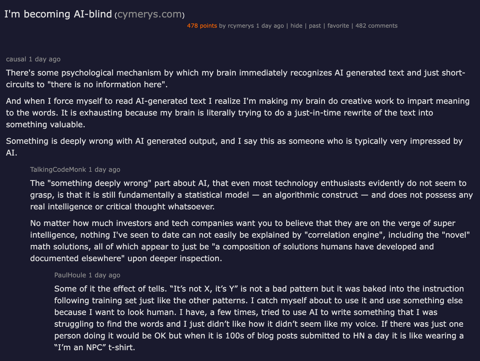 Hacker News — I'm becoming AI-blind, 478 points, 482 comments