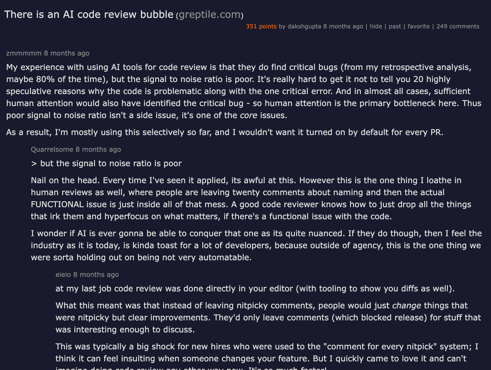 Hacker News — There is an AI code review bubble, 351 points, 249 comments debating whether AI review tools are fancy linters