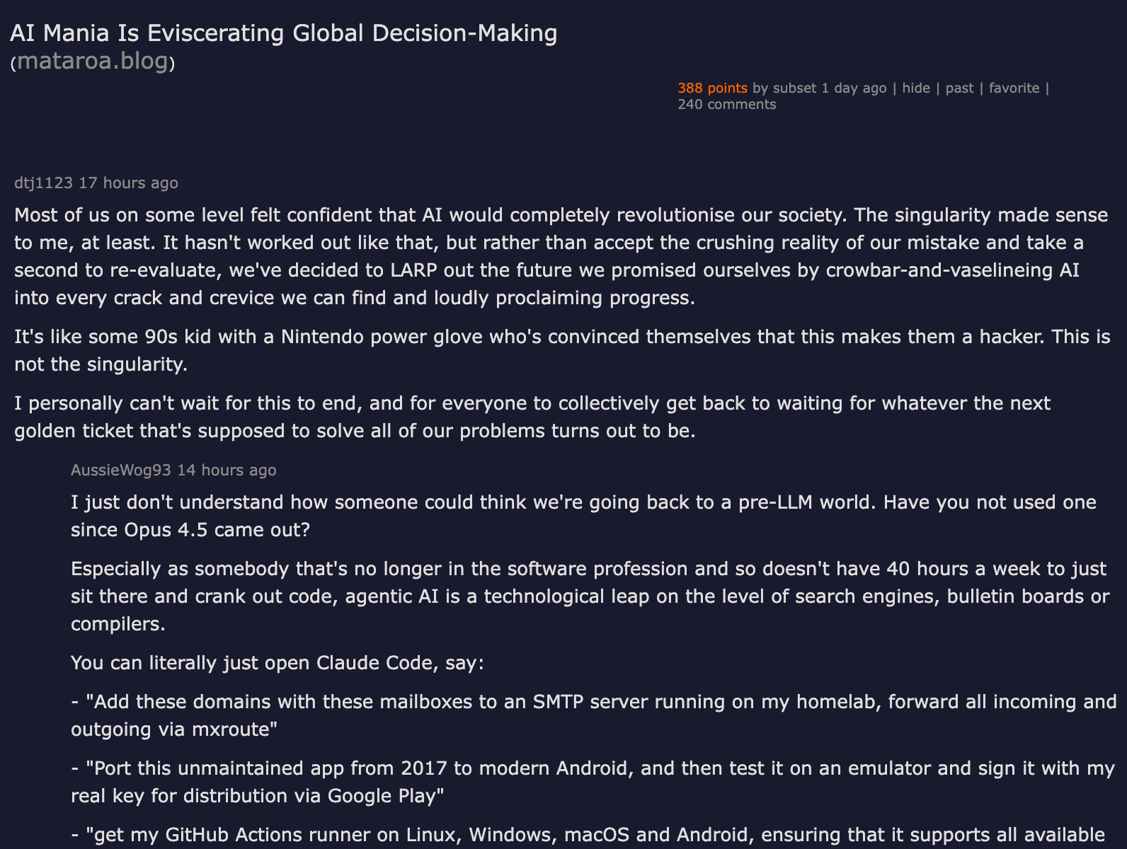 Hacker News front page discussion of AI Mania Is Eviscerating Global Decision-Making by Nik Suresh, with practitioners debating enterprise AI adoption failures