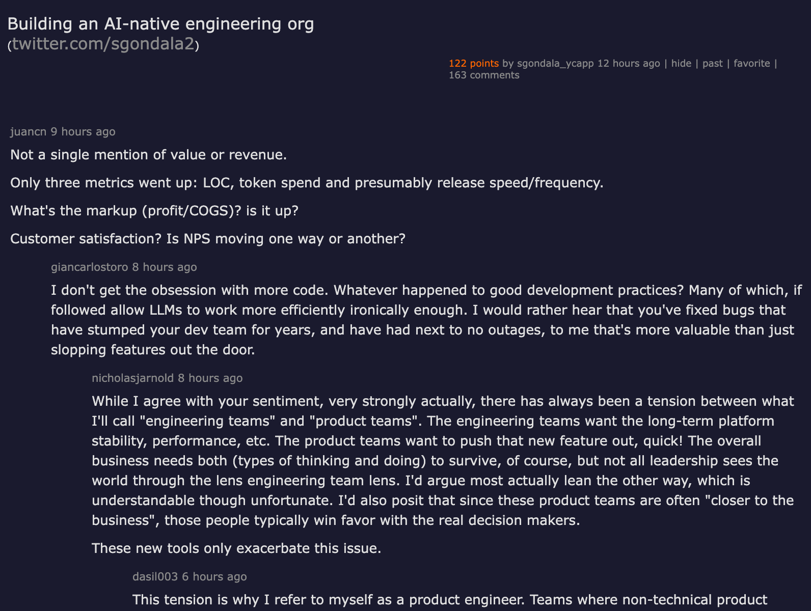 Hacker News thread: Building an AI-native engineering org — 91 points, 119 comments, with top comment criticizing vanity metrics: LOC and token spend up, no mention of revenue