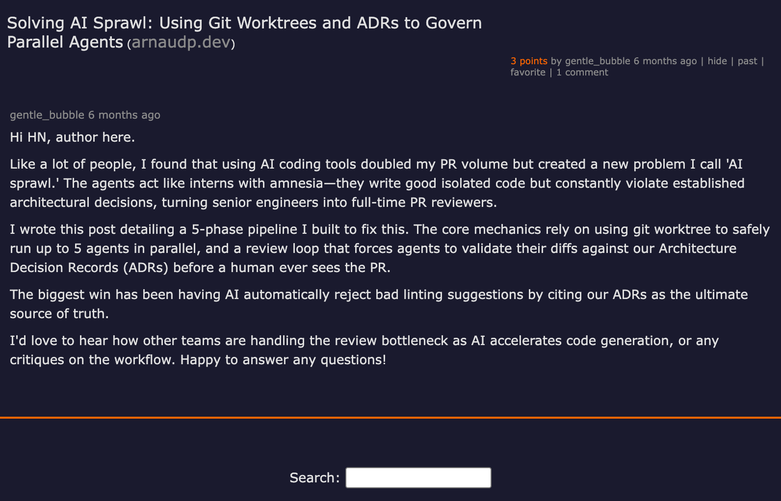 Hacker News thread — Solving AI Sprawl: Using Git Worktrees and ADRs to Govern Parallel Agents