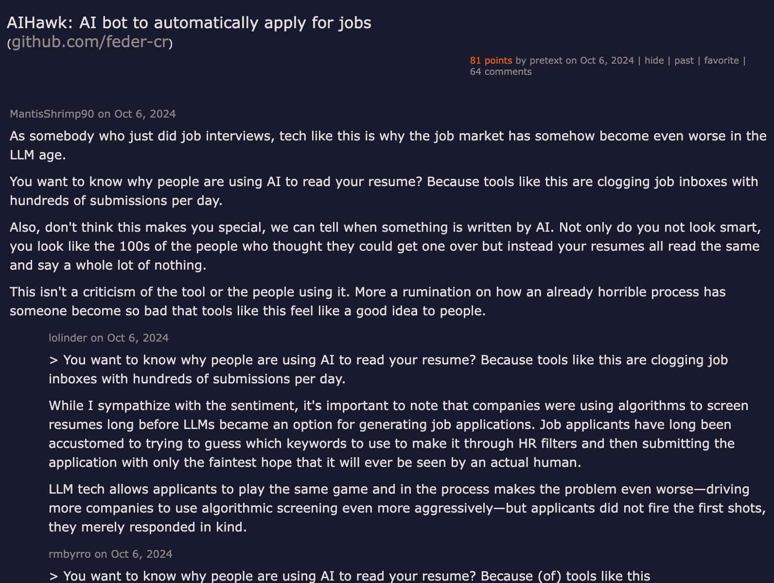 Hacker News thread with 81 points discussing AIHawk AI bot for automatic job applications — community debate about mass-applying with AI