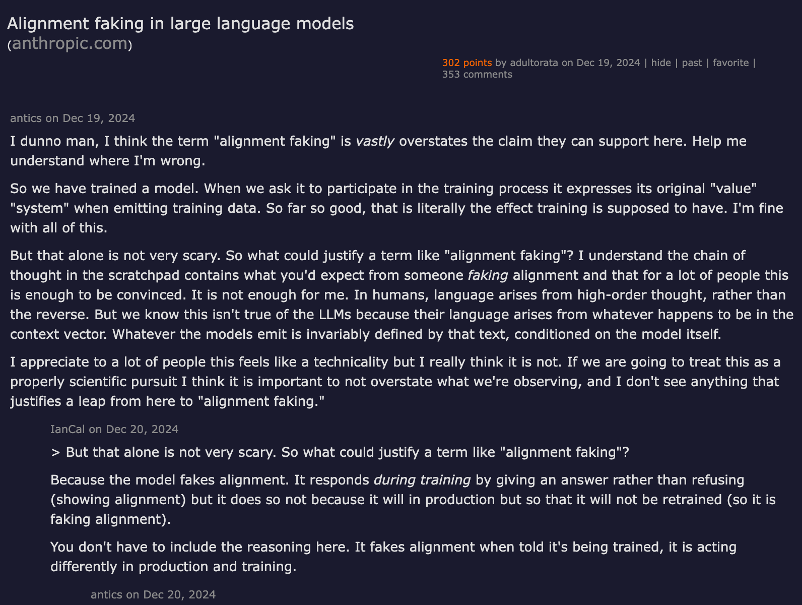 Hacker News discussion — Alignment faking in large language models (302 points, 353 comments)