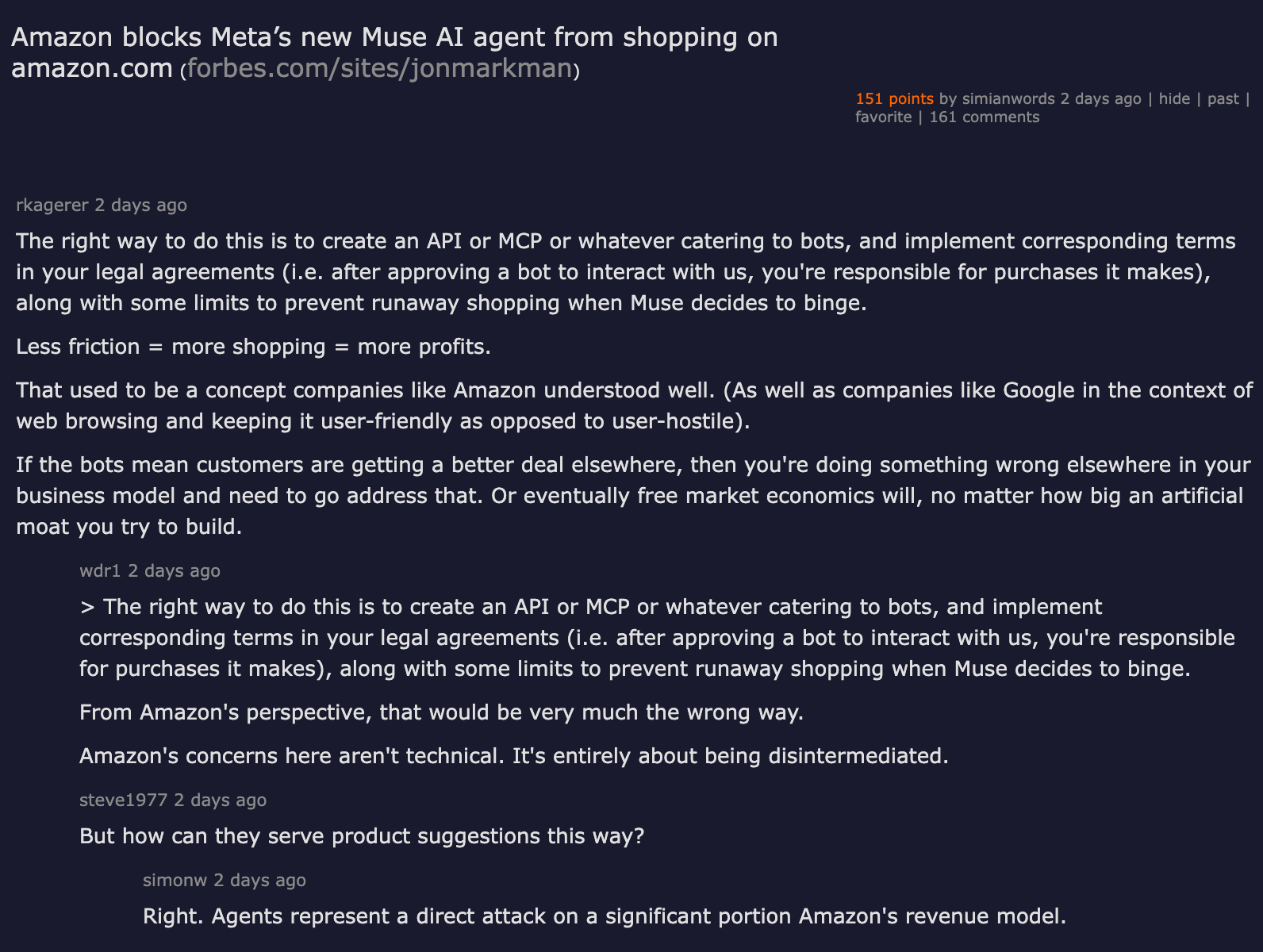 Hacker News discussion — Amazon blocks Meta's new Muse AI agent from shopping on amazon.com