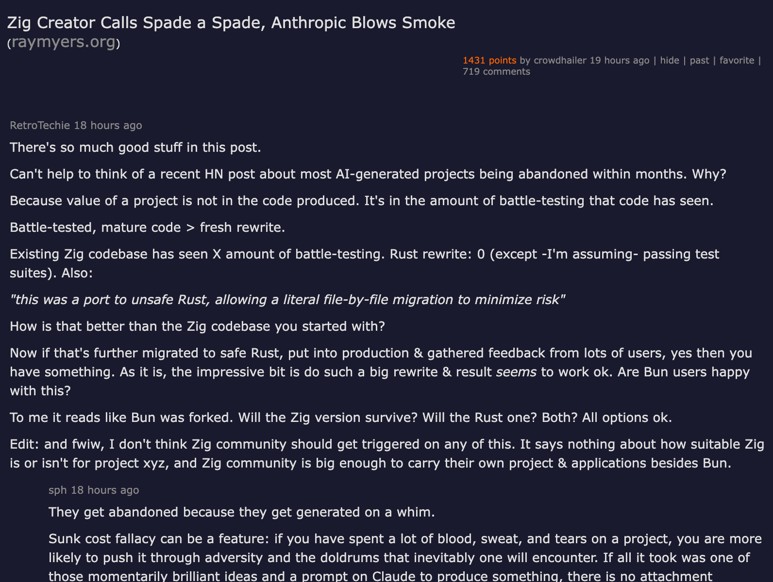 Hacker News — Zig Creator Calls Spade a Spade, Anthropic Blows Smoke, 1430 points, 719 comments, July 2026
