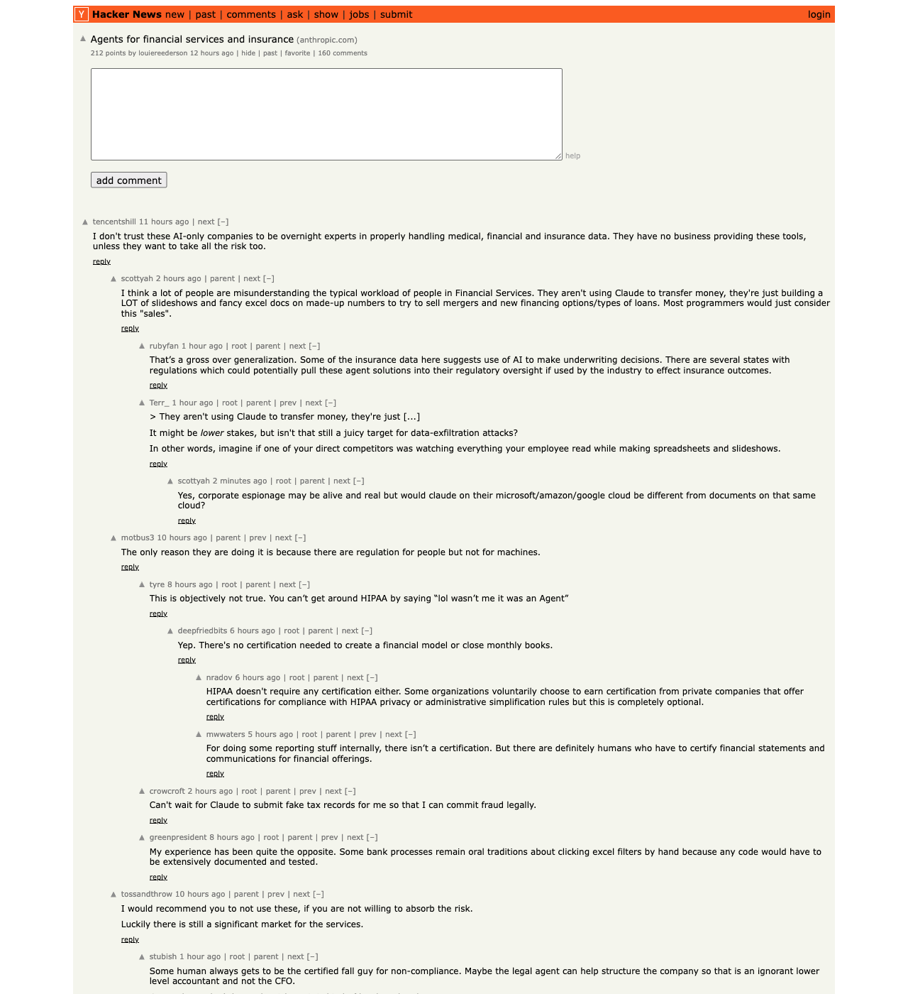 HN front page: 'Agents for financial services and insurance' — Anthropic launch thread (101 points, May 5 2026)
