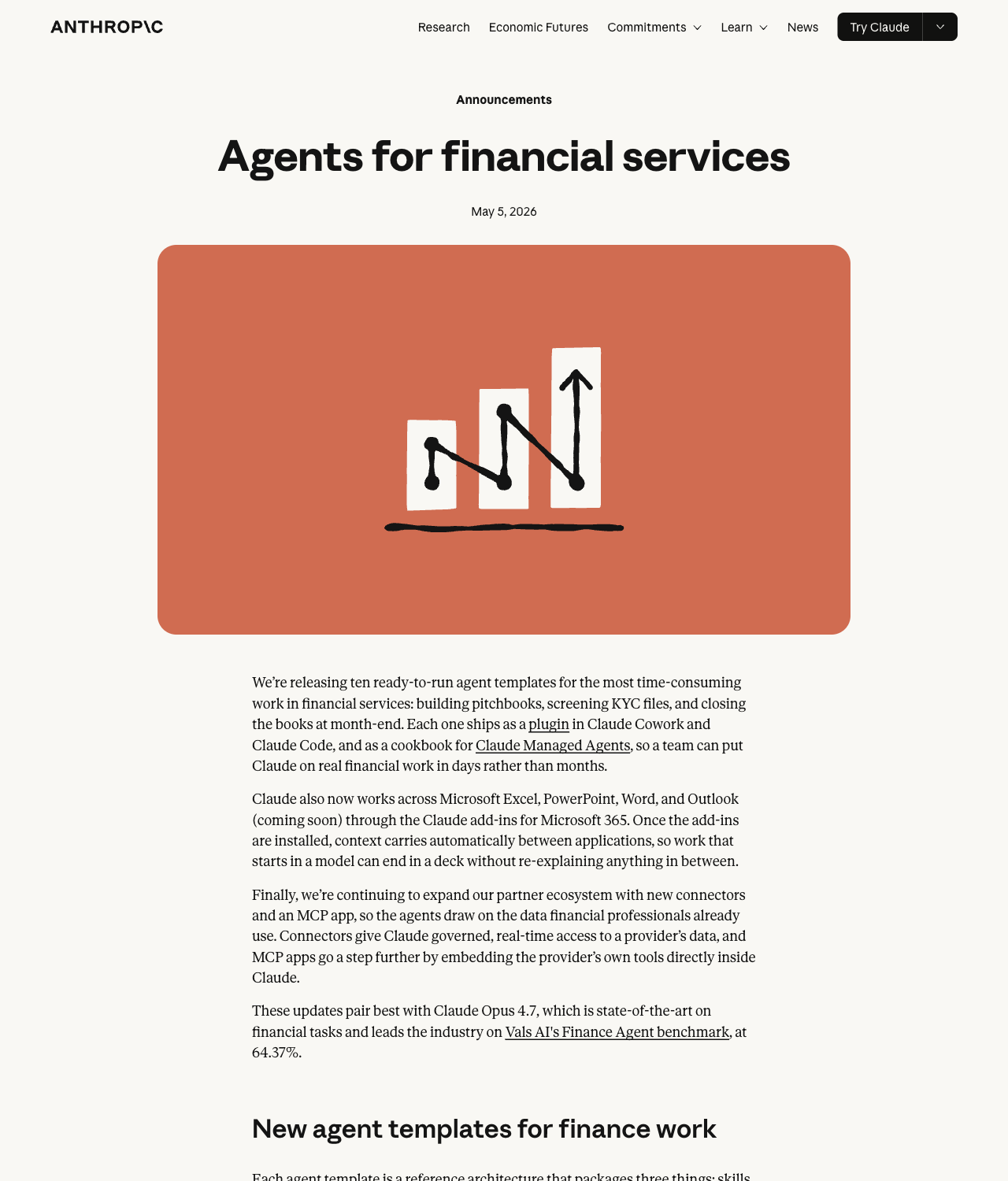 Anthropic launch page: 'Agents for financial services and insurance' — ten template cards