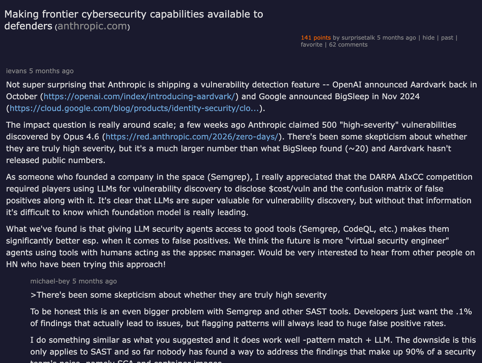 Hacker News discussion — Making frontier cybersecurity capabilities available to defenders, 141 points, 62 comments