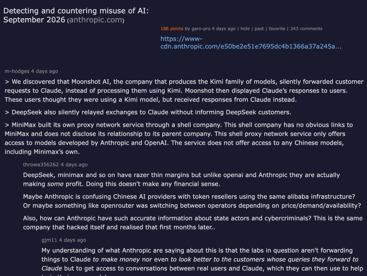 Hacker News thread — Detecting and countering misuse of AI: September 2026 — 186 points, 243 comments