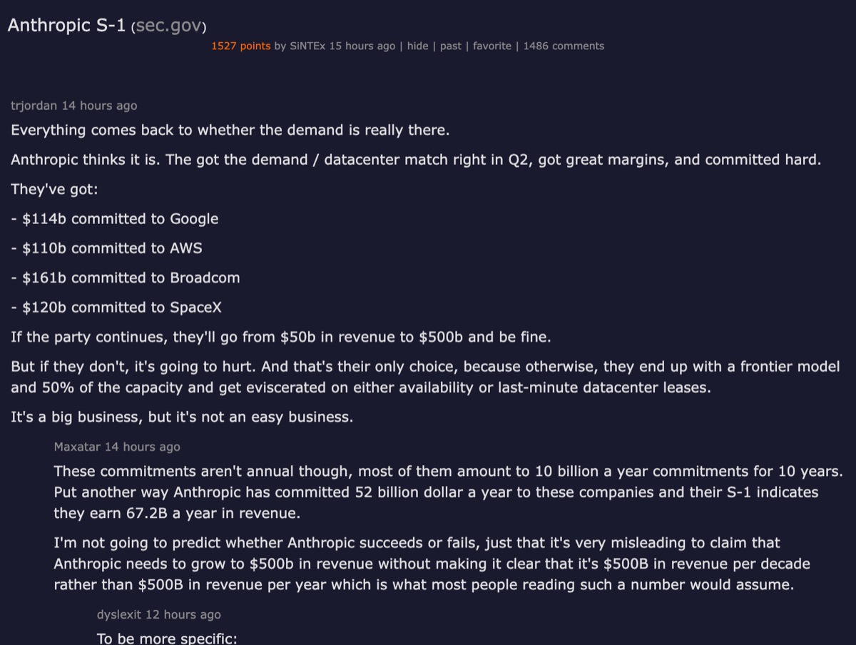 Hacker News discussion of Anthropic S-1 filing with 1044 points and 957 comments discussing infrastructure commitments