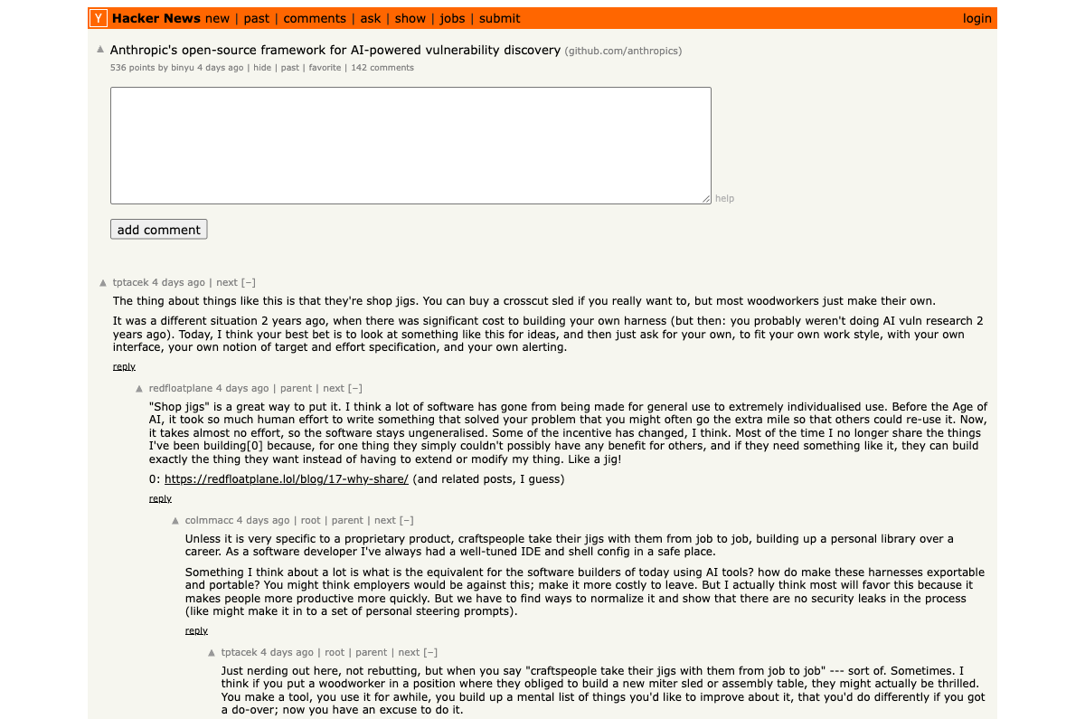 Hacker News discussion: Using Anthropic's harness for offensive vulnerability discovery in agent codebases