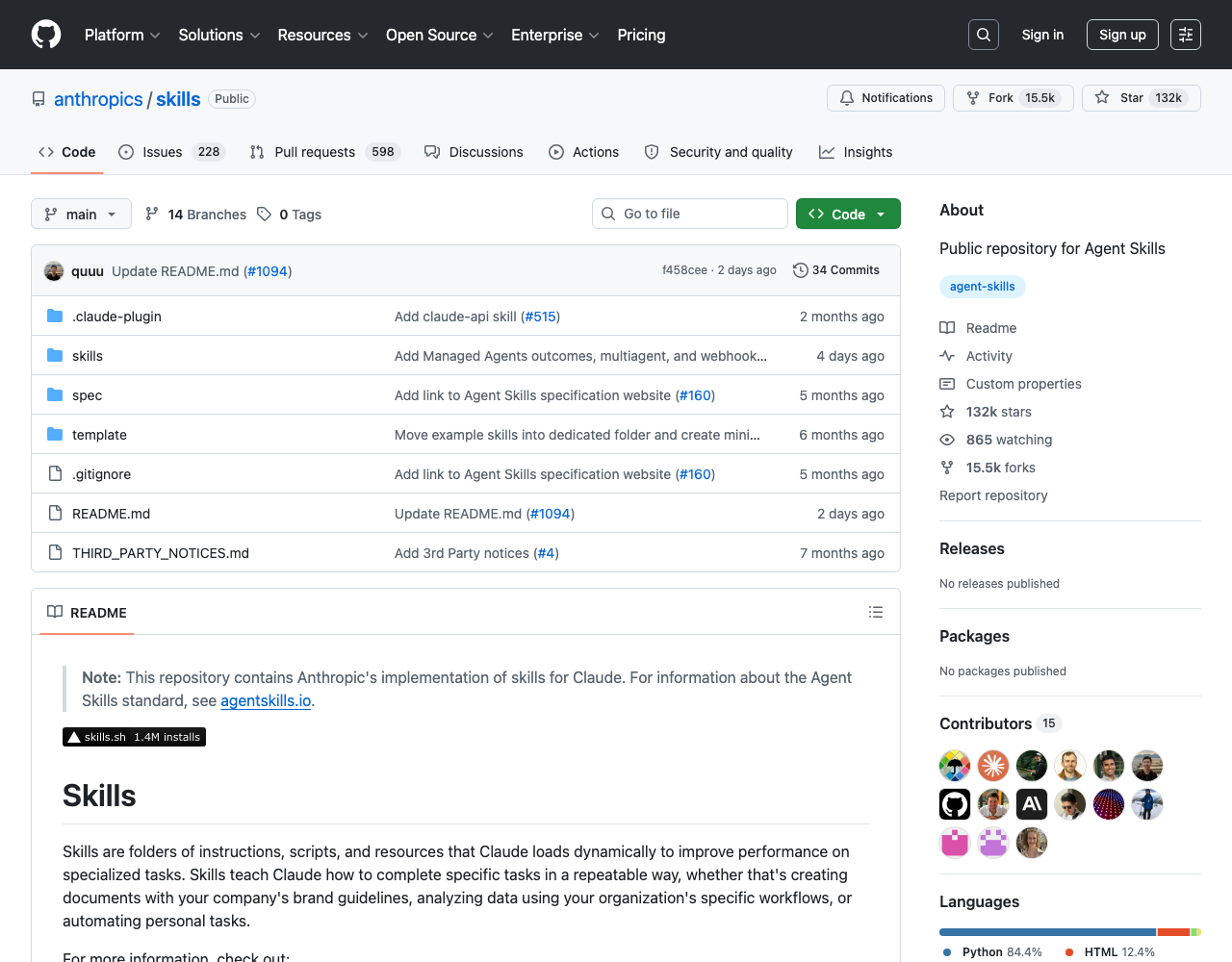 GitHub anthropics/skills official repository — Public repository for Agent Skills, 131k stars but trending slower than community curators