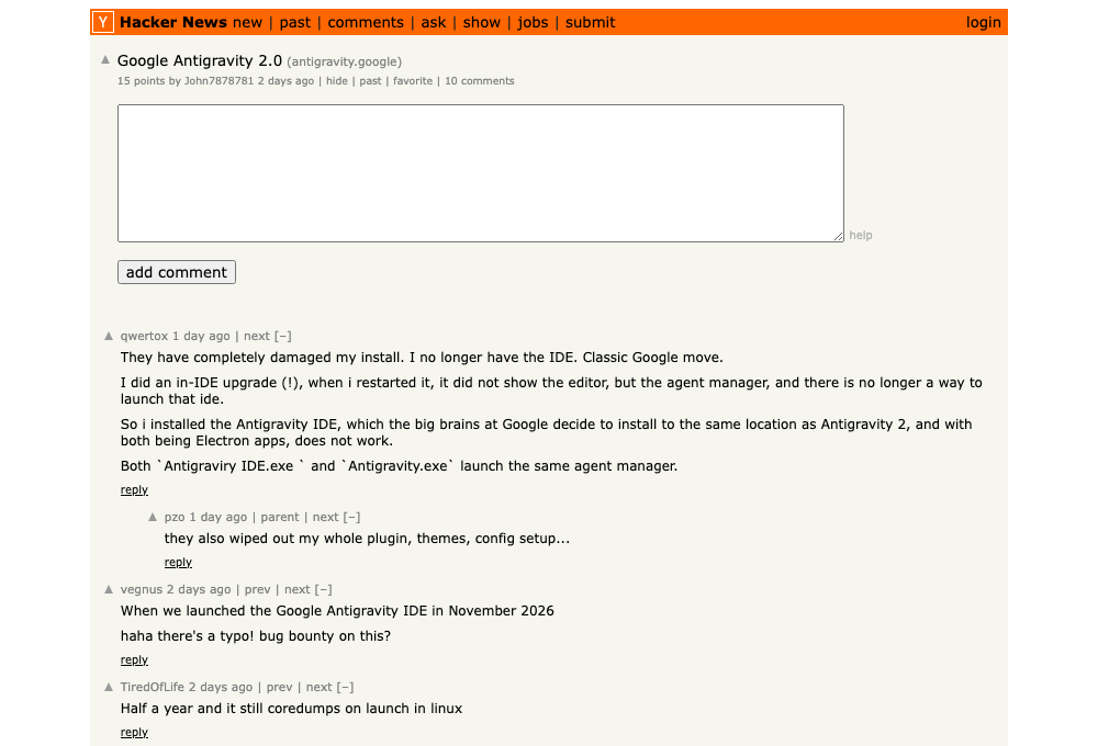 Hacker News discussion thread for the Google Antigravity 2.0 launch