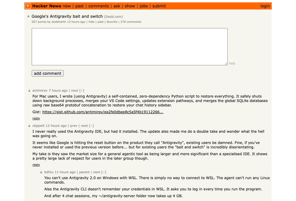 Hacker News thread Google's Antigravity Bait and Switch at 337 points discussing the forced 2.0 update