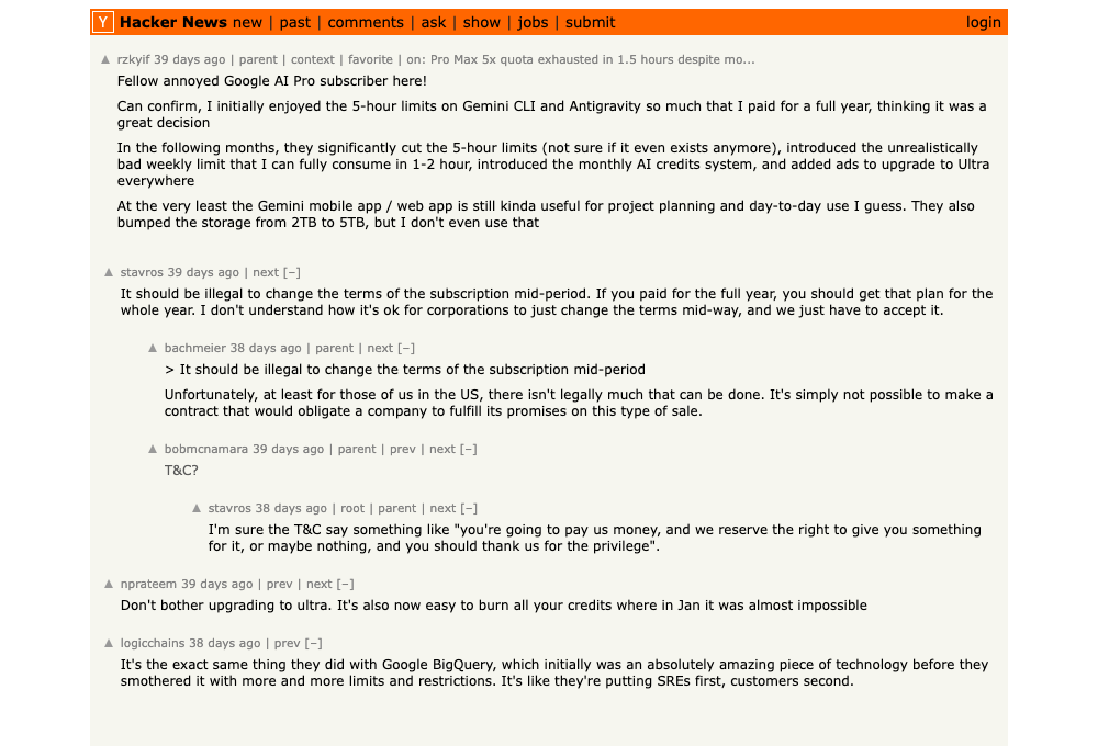 Hacker News comment from an annoyed Google AI Pro subscriber describing Antigravity quota frustration