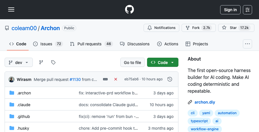 Archon — AI coding harness builder on GitHub, +612 stars April 12