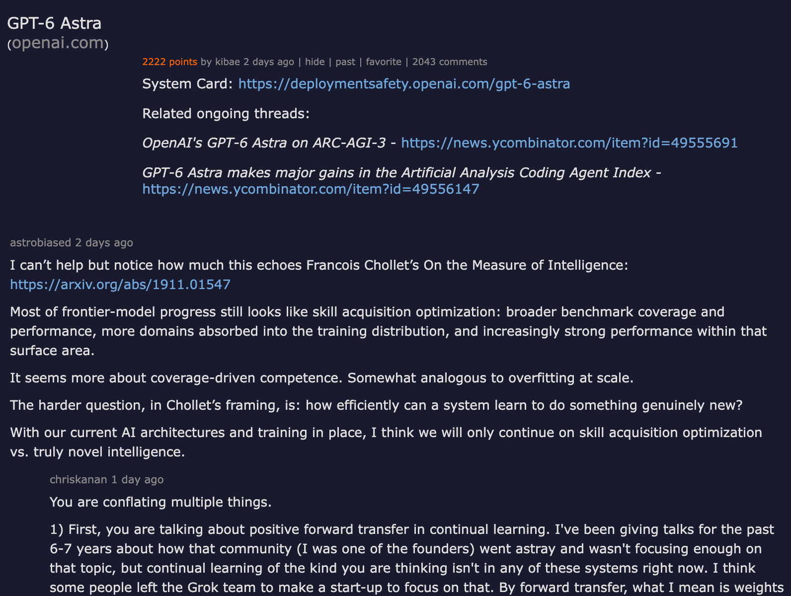 Hacker News thread — GPT-6 Astra launch discussion with developer reactions and technical analysis
