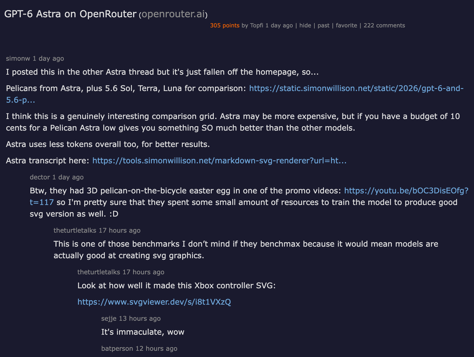 Hacker News thread — GPT-6 Astra on OpenRouter with 279 points and 201 comments discussing pricing and capabilities