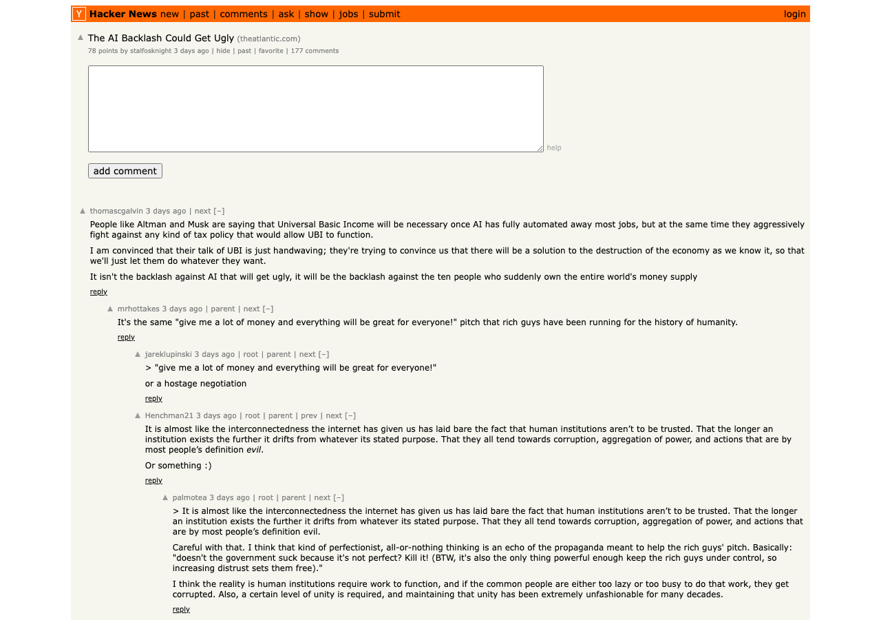 Hacker News thread on The Atlantic's AI Backlash Could Get Very Ugly — data-center protests, political violence escalation, and bipartisan moratorium pressure