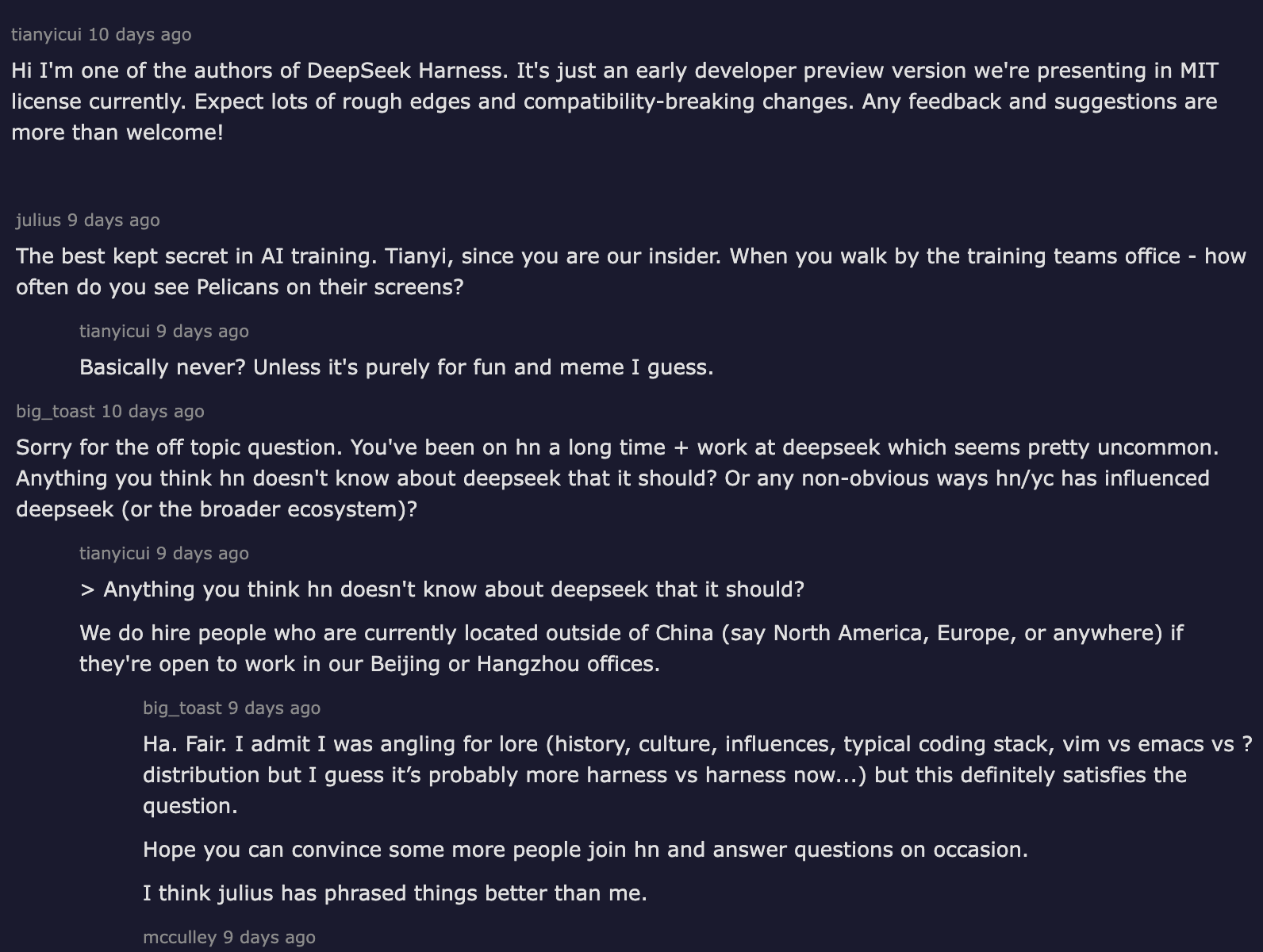 DeepSeek Harness author tianyicui replying on Hacker News that it is an early developer preview with rough edges