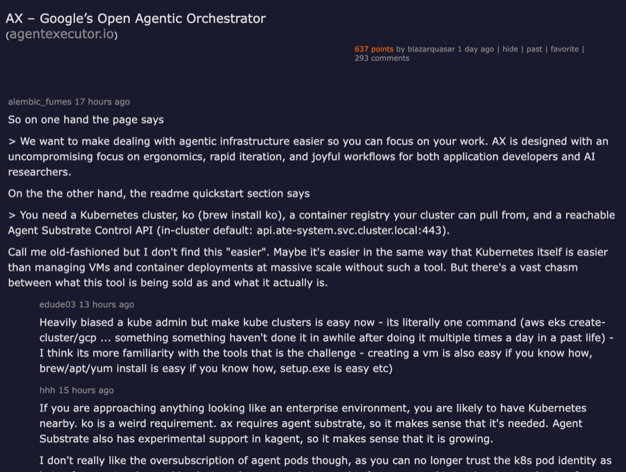 Hacker News thread for AX – Google's Open Agentic Orchestrator showing 637 points and 293 comments with top discussions about Kubernetes complexity and Google's project abandonment history