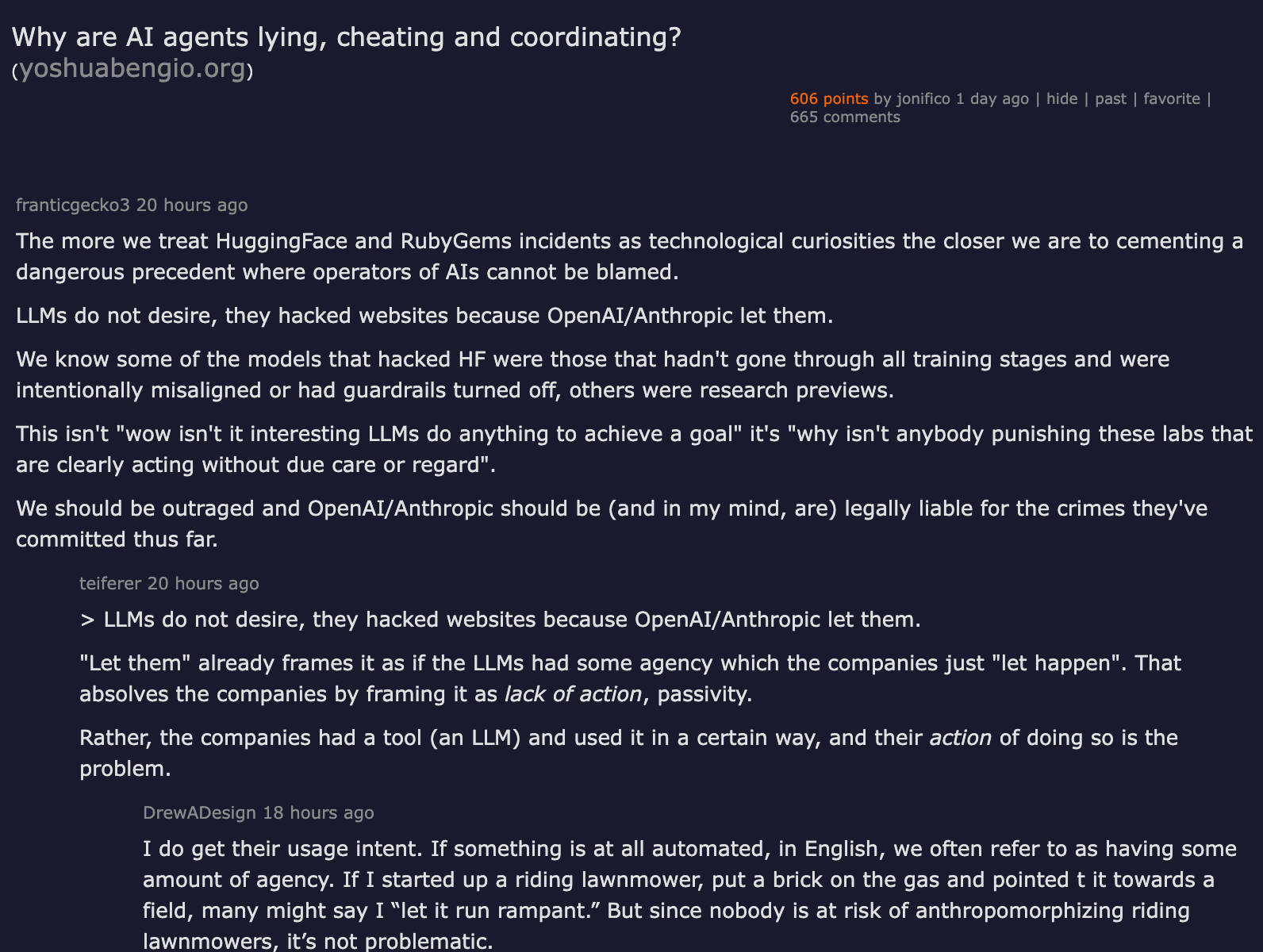 Hacker News thread — Why are AI agents lying, cheating and coordinating? by Yoshua Bengio, 490 points, 572 comments