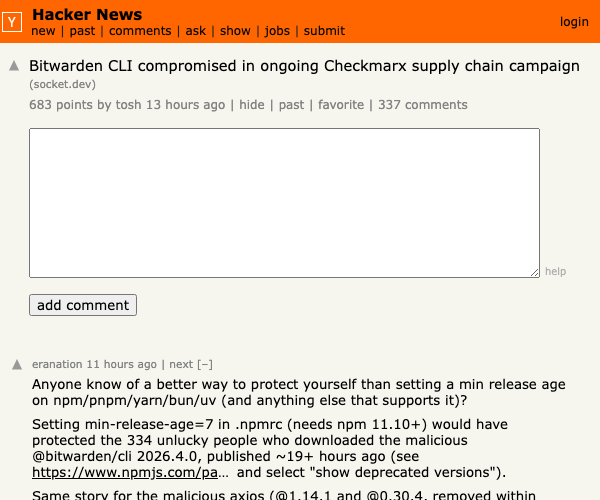 Hacker News: Bitwarden CLI compromised in Checkmarx supply chain campaign — 679 points, 337 comments
