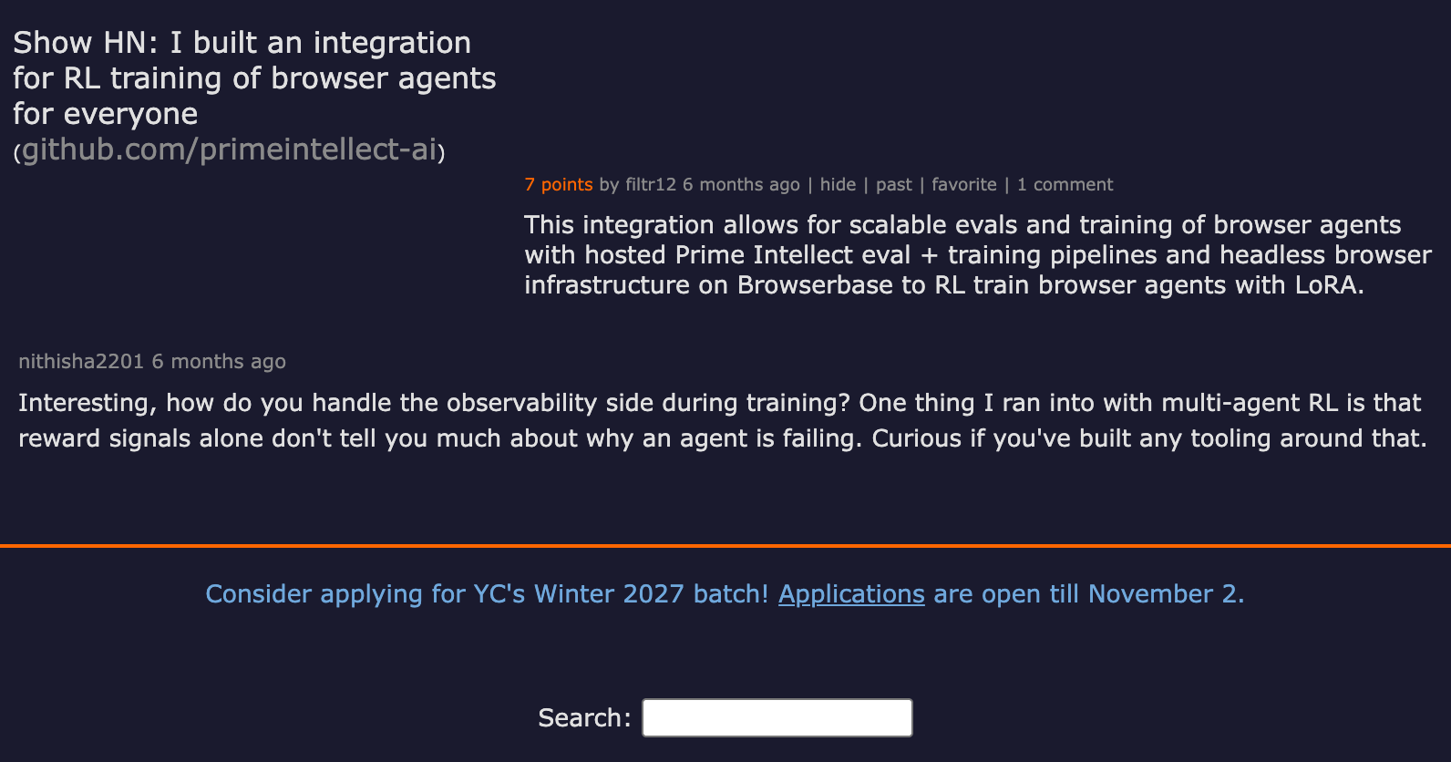 Hacker News thread — RL training integration for browser agents with verification — community discussion on building verifiers into agent training