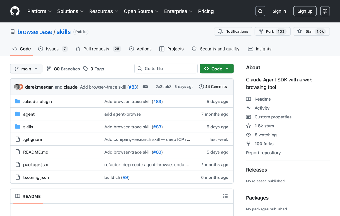 browserbase/skills GitHub repository — Claude Agent SDK with web browsing, 1.6k stars