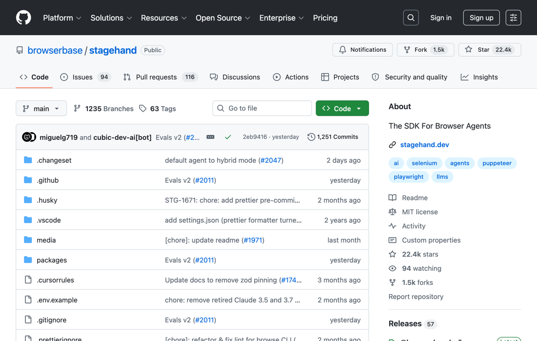 browserbase/stagehand GitHub repository — open-source SDK for browser agents
