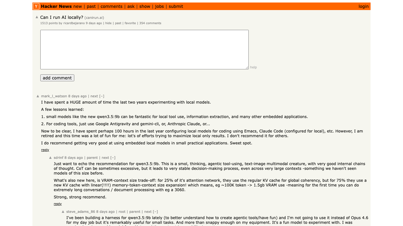 HN discussion: "Can I Run AI Locally?" — 1,340 points, 323 comments