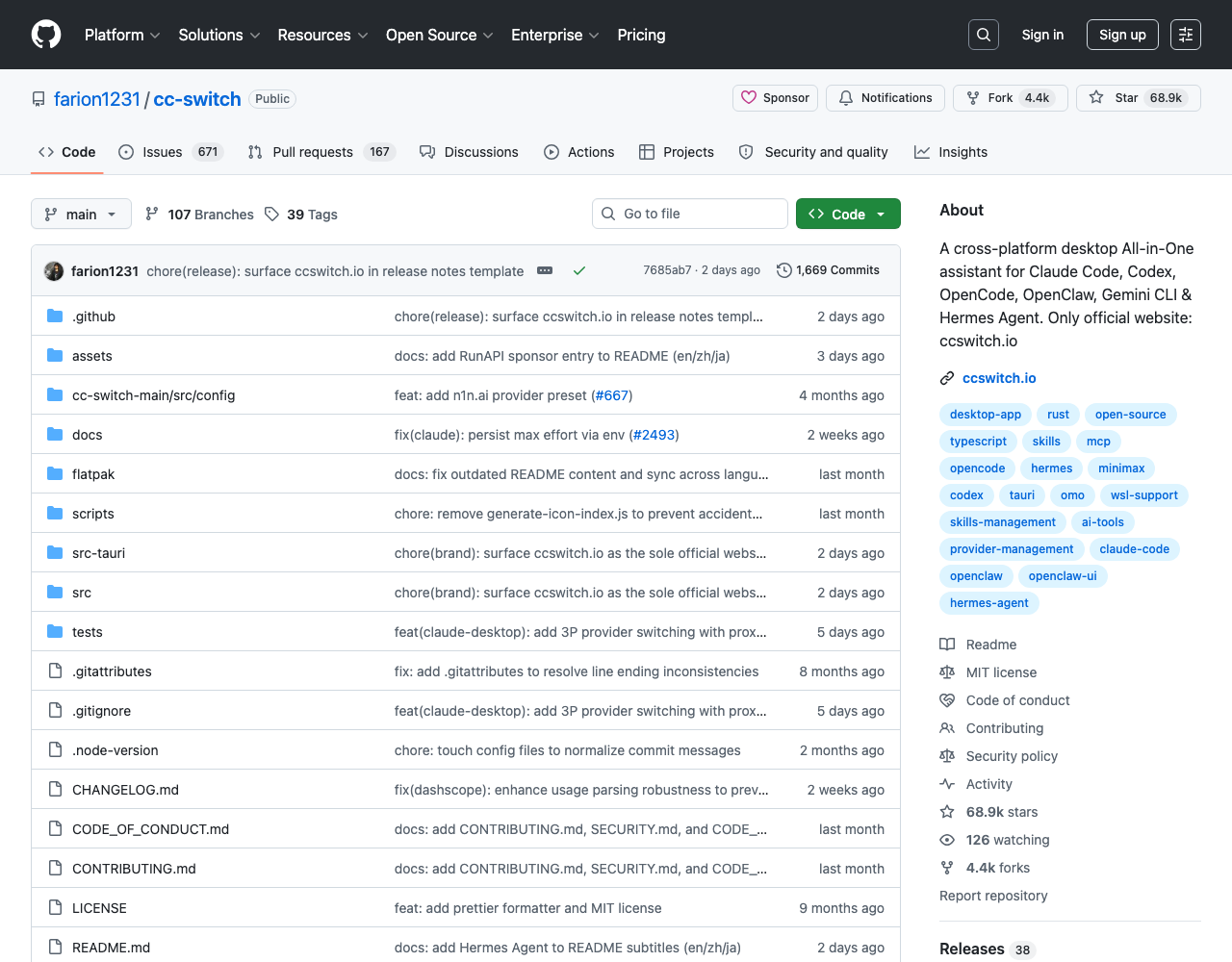 GitHub repository farion1231/cc-switch — A cross-platform desktop All-in-One assistant for Claude Code, Codex, OpenCode, OpenClaw, Gemini CLI and Hermes Agent, May 2026 trending +1,340 stars per day