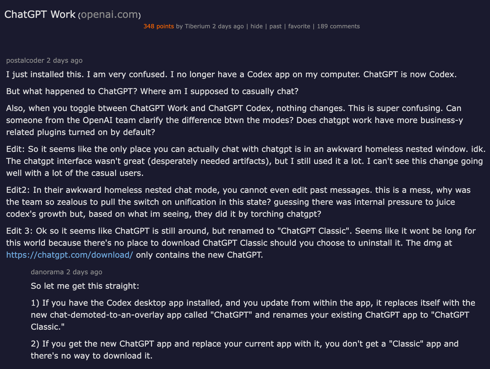 Hacker News discussion thread on ChatGPT Work launch — users reporting confusion about Codex-to-ChatGPT transition, app fragmentation, and mode-switching issues